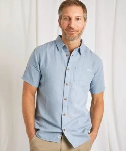 Weird Fish Blue Westray Short Sleeve Linen Rich Faded Shirt